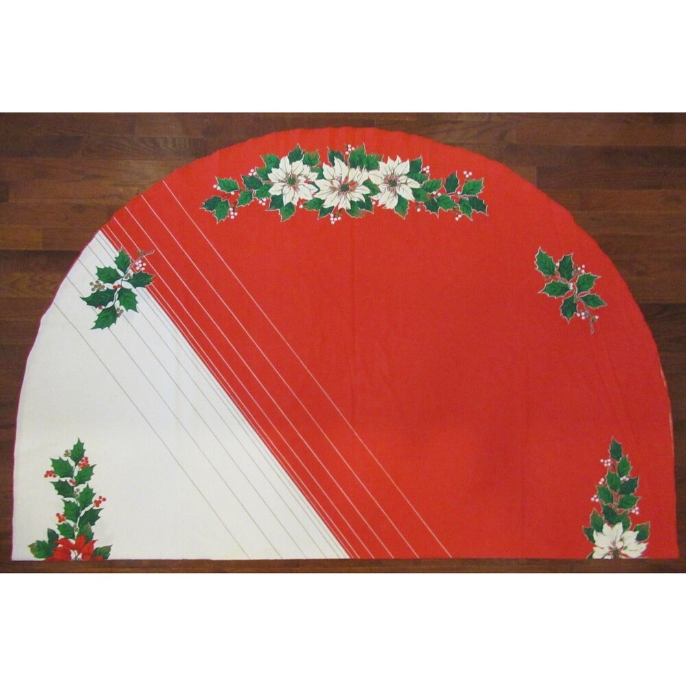 Vintage Christmas Poinsettia Holly Oval Tablecloth 82x62